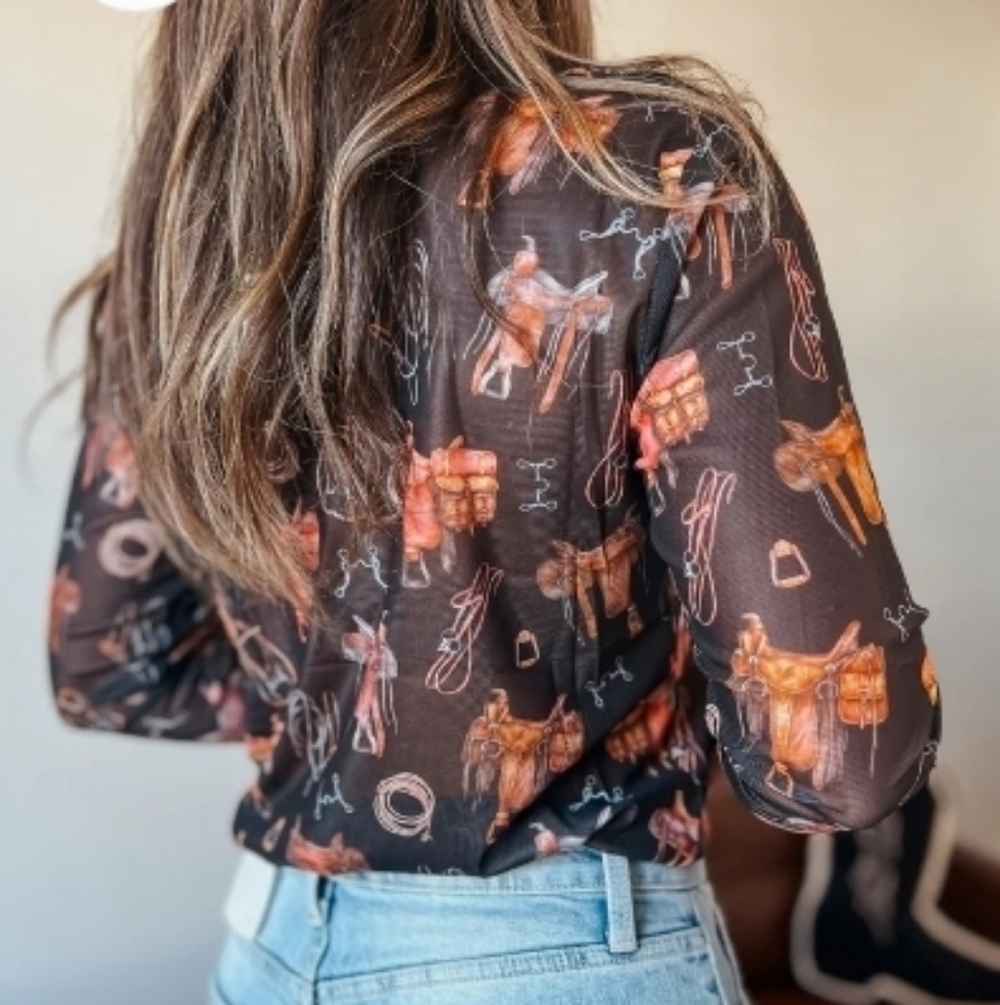 Sheer Black Mesh Western Equestrian Saddle Print Top